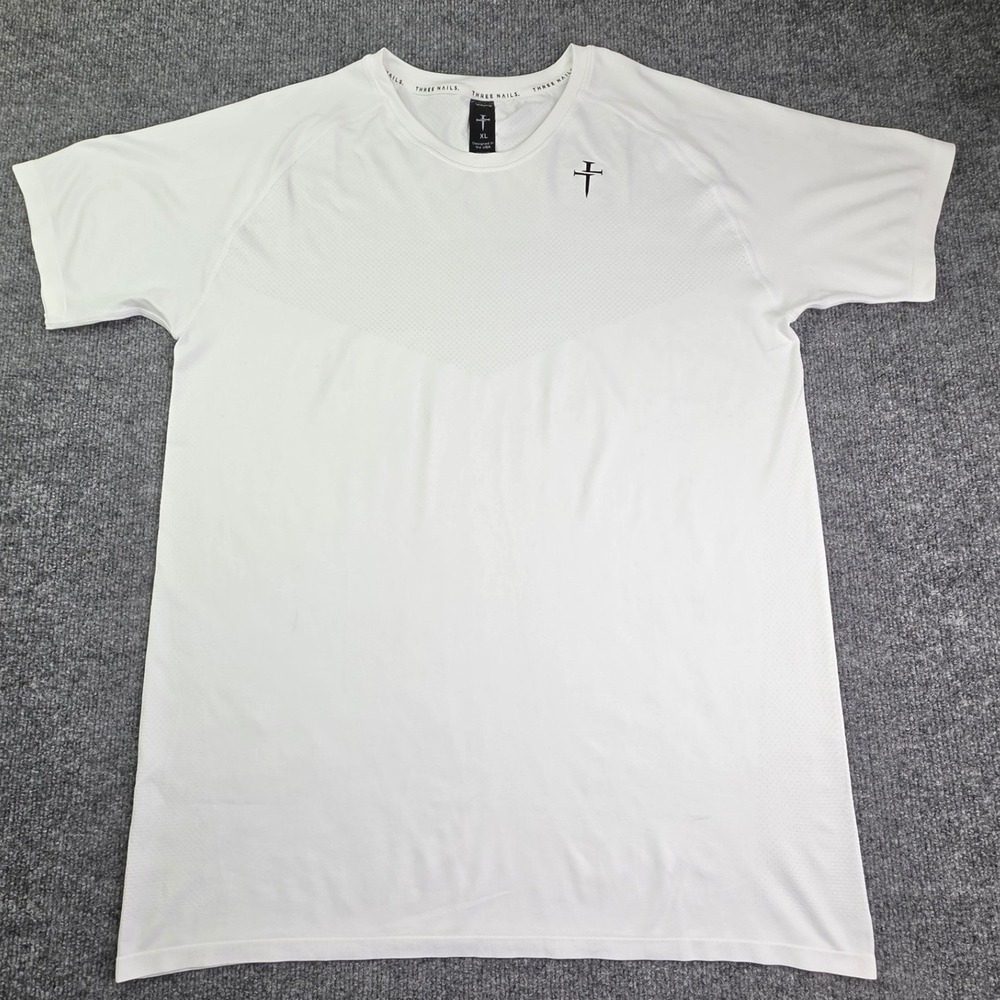 Three Nails T-Shirt Mens XL White Performance Athletic Cross Logo Raglan Tee